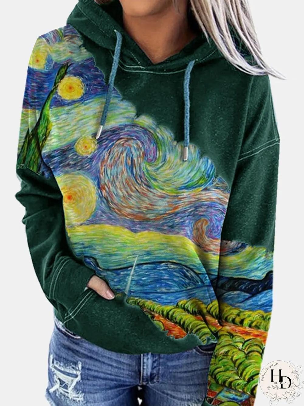 Landscape Printed Long Sleeve Patchwork Hoodie For Women