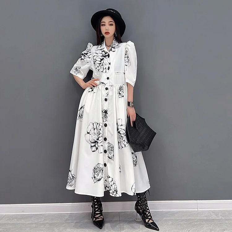 Fashion Loose Turn-down Collar Flower Printed Single Breasted Half Sleeve Dress            