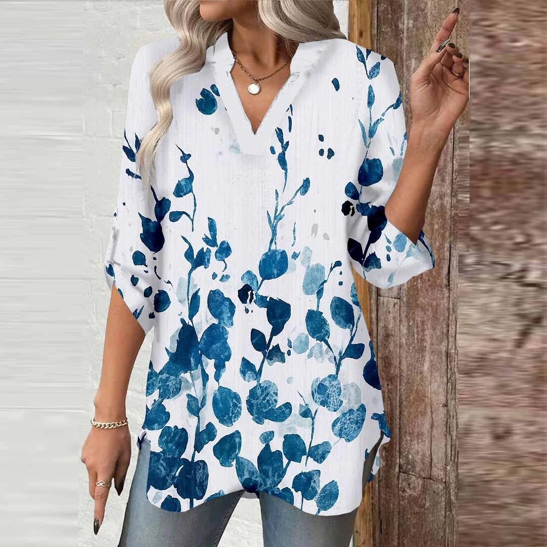 Women Blue, Floral, Ink DZGA0538 3/4 Sleeve V-neck Printed Graphic Button Tops