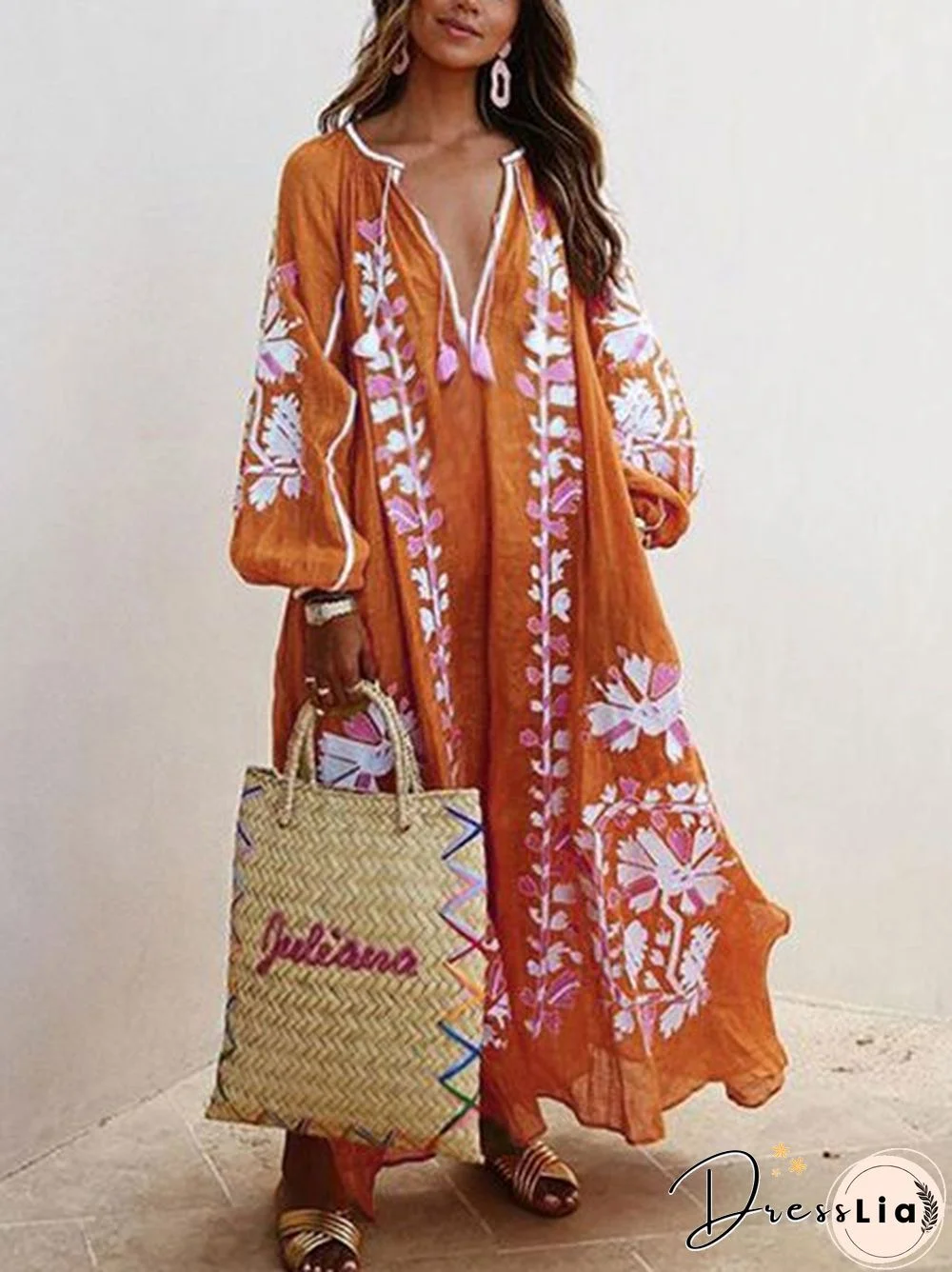 Women Printed Boho Casual Dress V Neck Holiday Maxi Dresses