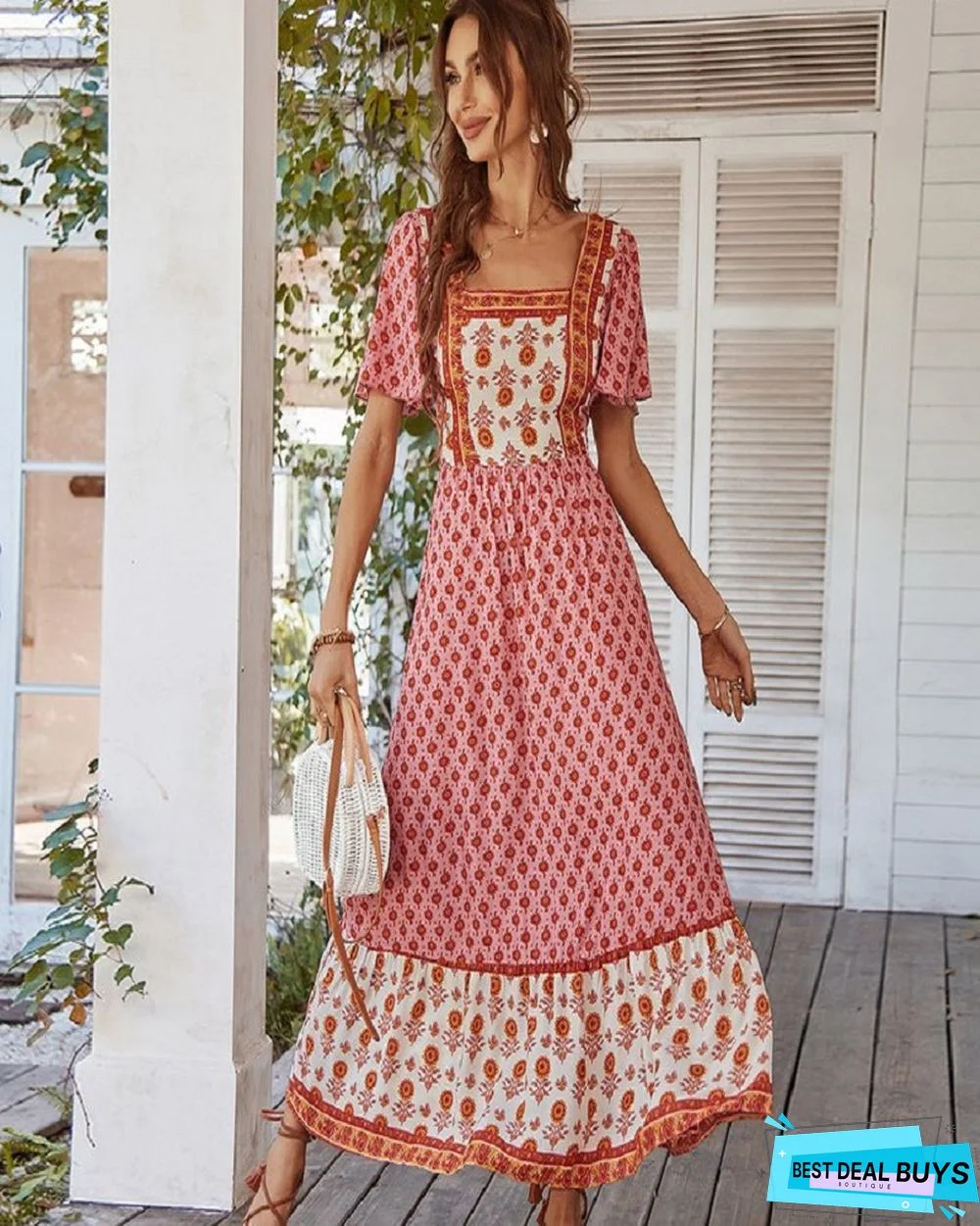 Bohemian French Square Collar Dress