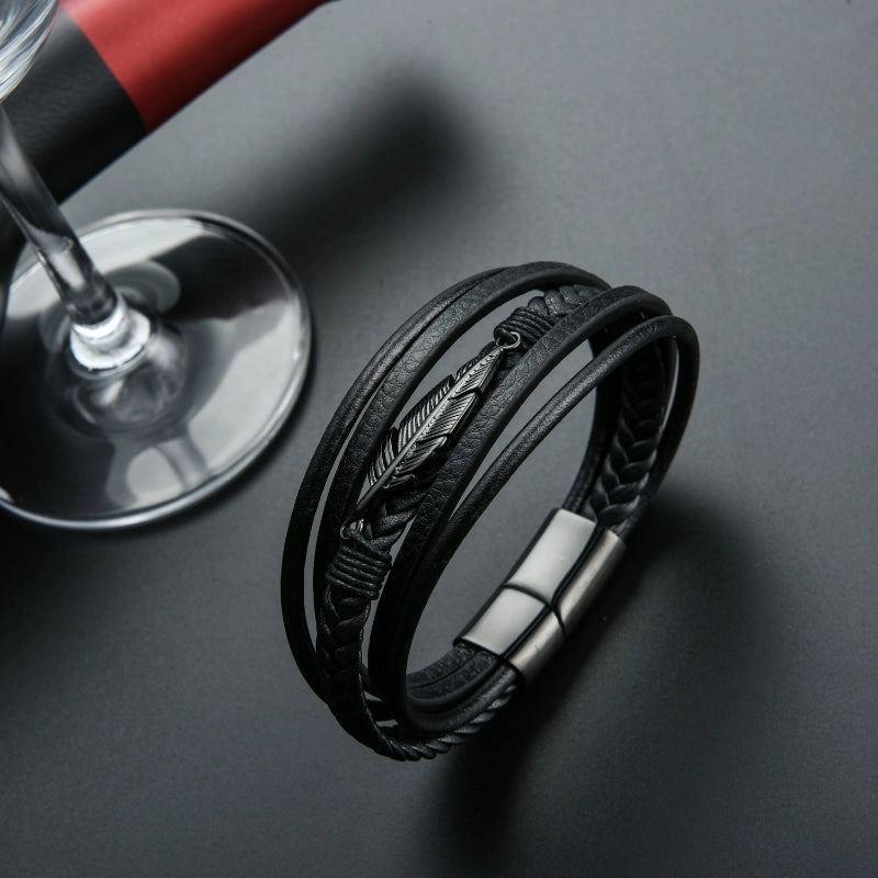 Minimalist Feather 304 Stainless Steel Pu Leather Layered Braid Men's Bracelets