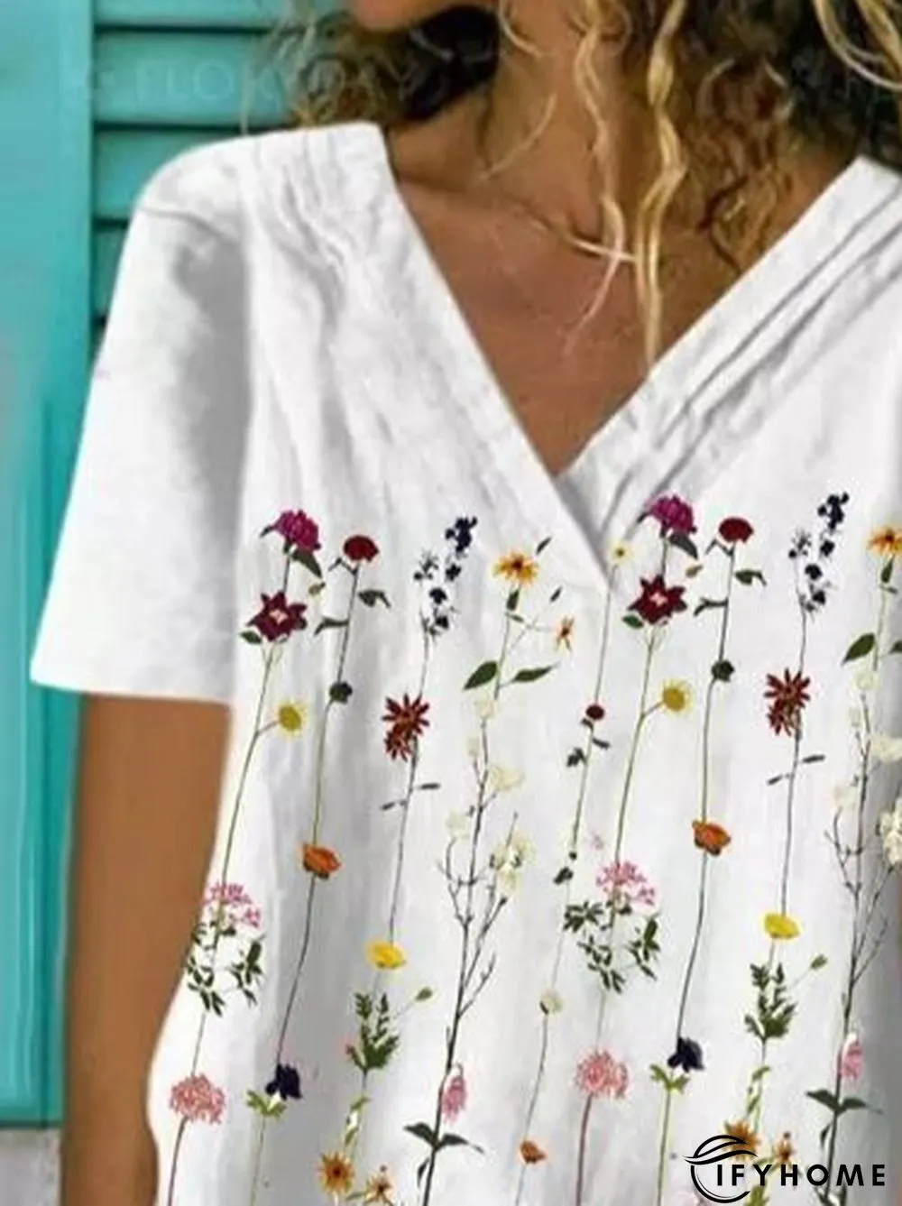 Holiday V Neck Floral Short Sleeve Tops | IFYHOME