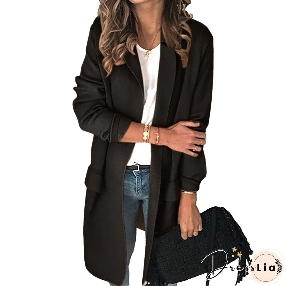 Women Eleagnt Office Lady Blazer Casual Fake Pocket Long Sleeve Long Coat Turn-down Collar Suit Vintage Fashion Winter Jacket