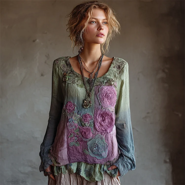 VChics Vintage Lavender Floral Fiber Art Gradient Flowy Linen Shirt