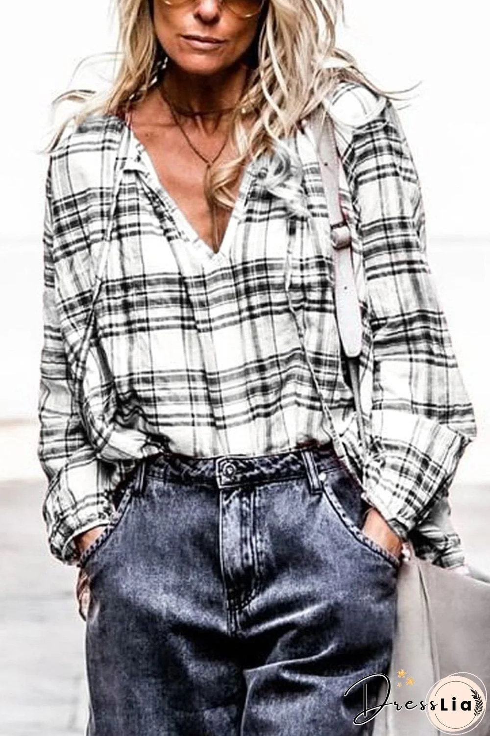 Plaid Print V-Neck Long Sleeve Blouse