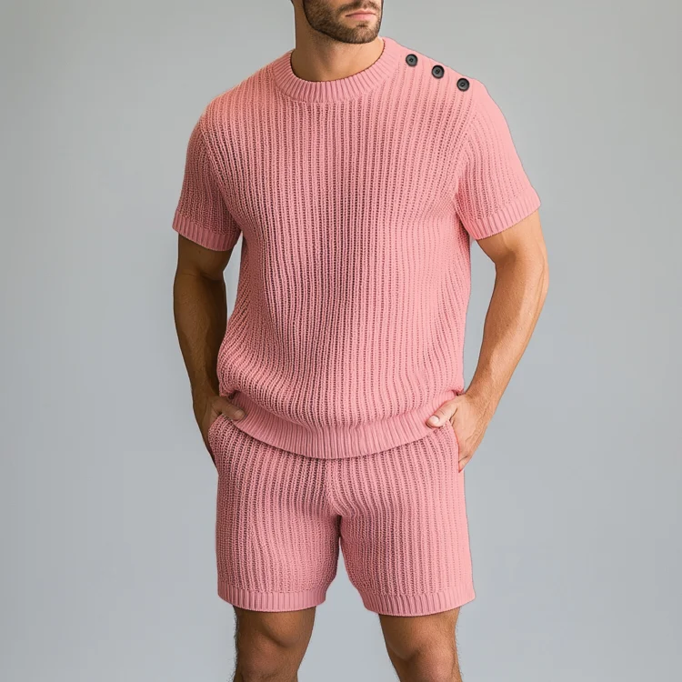 Okaywear Rib Knit Button Decor T-Shirt & Shorts 2Pcs Set Okaywear