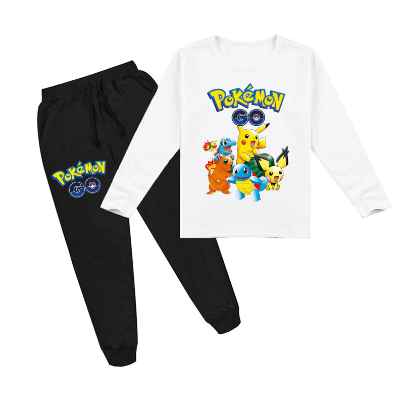 Mayoulove Pokémon Printed Long Sleeve T-shirt and Trousers Set - Adorable Pikachu and Friends Design - Comfortable and Durable - Perfect for Kids Who Love the Pokémon Cartoon Series and Games!-Mayoulove