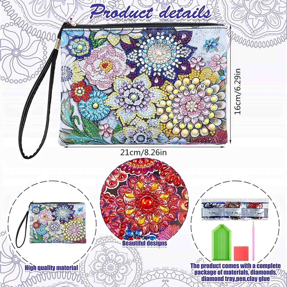 DIY Cactus Diamond Art Cosmetic Bag Flowers Single Sided PU Women Clutch