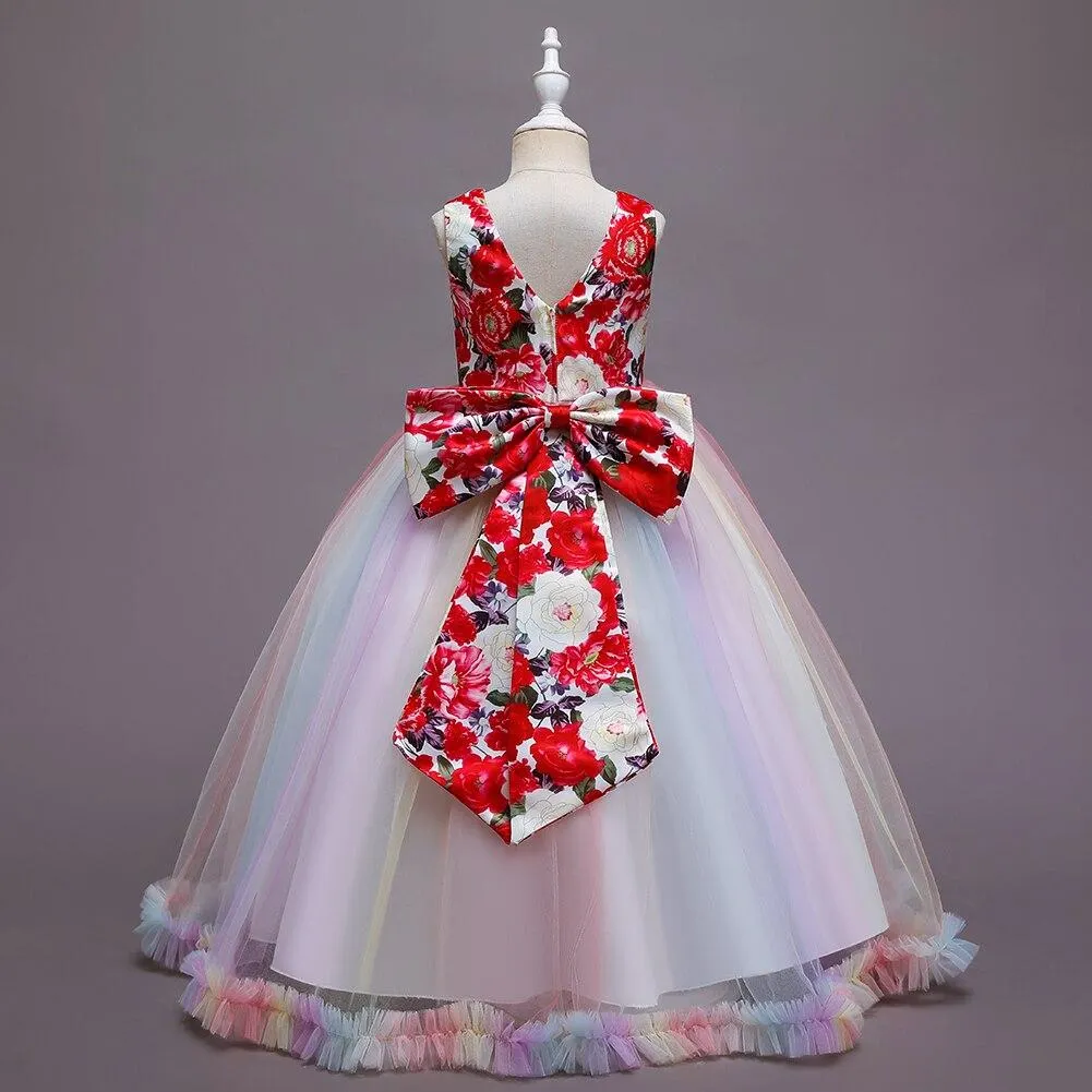 European Style Rose Pattern Big Girl Wedding Dresses Cute Children Party Customer of 10 Years Old Red Gown for Birthday
