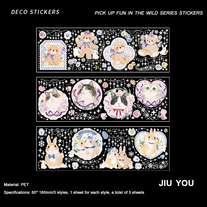 JOURNALSAY 3 Sheets Cartoon Three-dimensional Hot Silver PET Sticker DIY Journal Scrapbooking