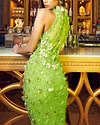 Green Stretchable Net 3d Flowers Embellished Gown
