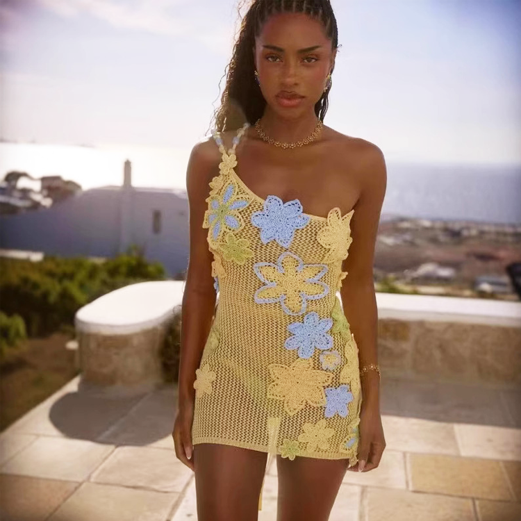 One Shoulder Flower Mini Dress