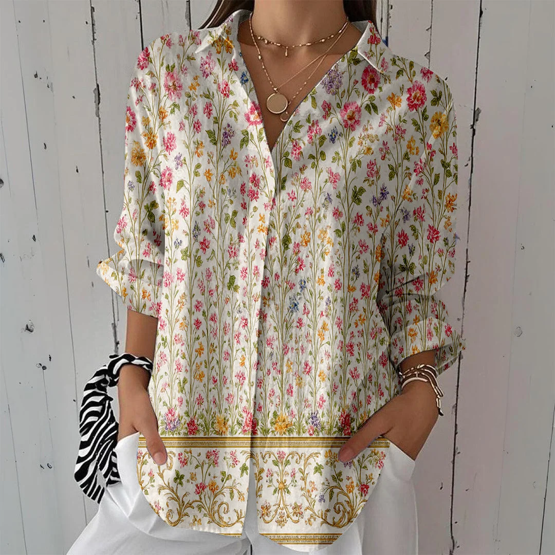 Style & Comfort for Mature Women Women Floral,Red,Beige DZCL0251 3/4 Sleeve Shirt Collar Printed Button Tops