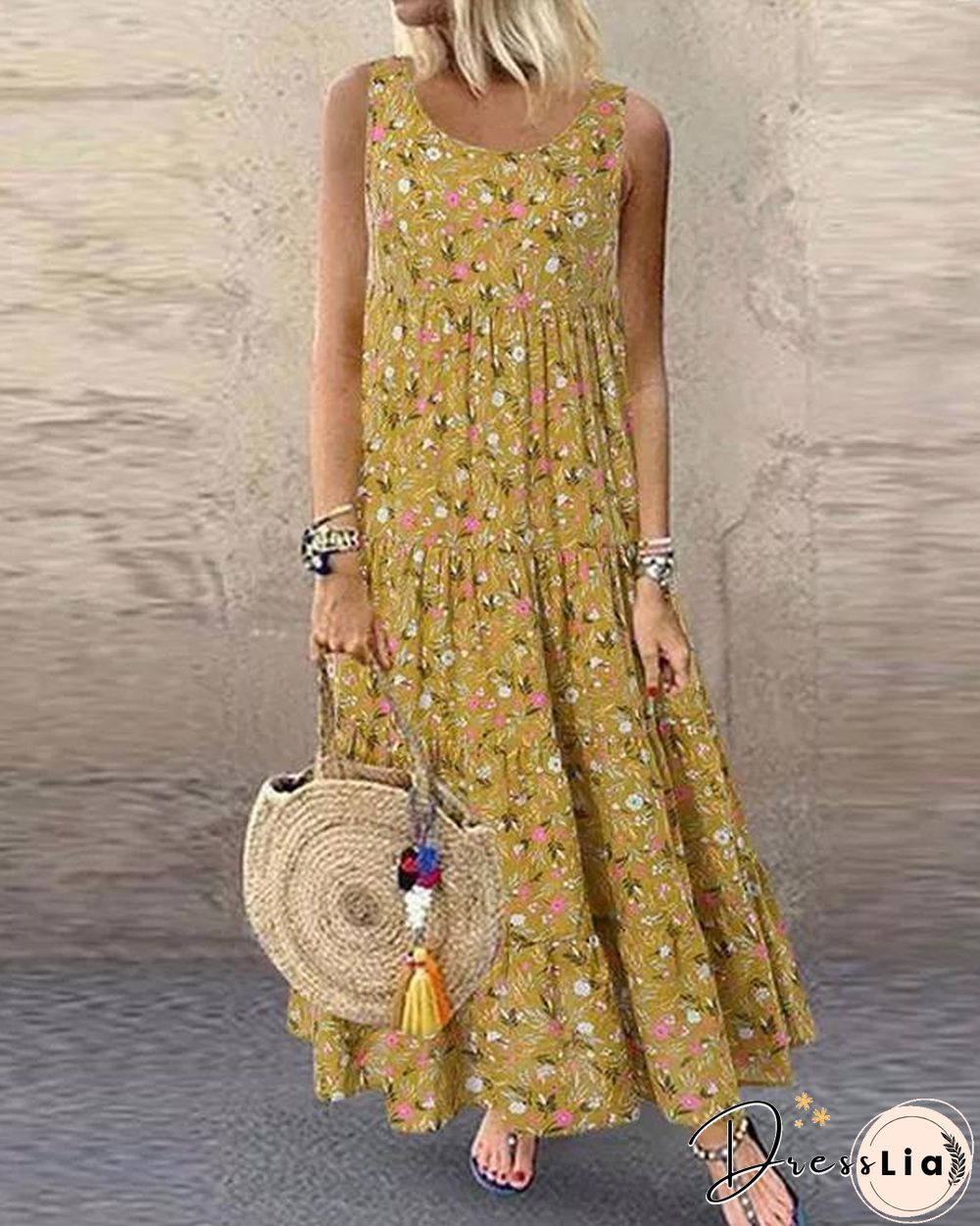 Retro Floral Cotton Maxi Dress