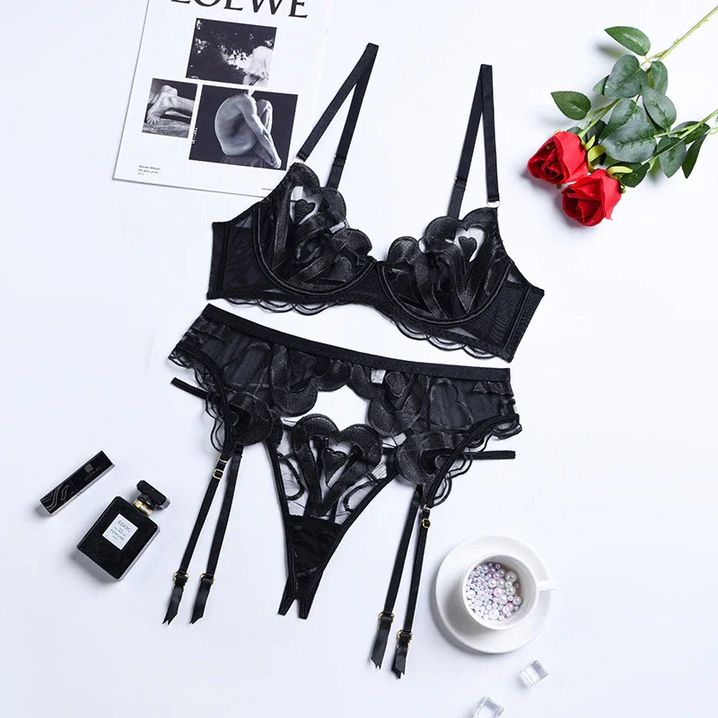 Billionm 3-Piece Lace Bra Sets Hallow Out Heart Pattern Sexy Lingerie Set Ladies Black Panty Underwear Set