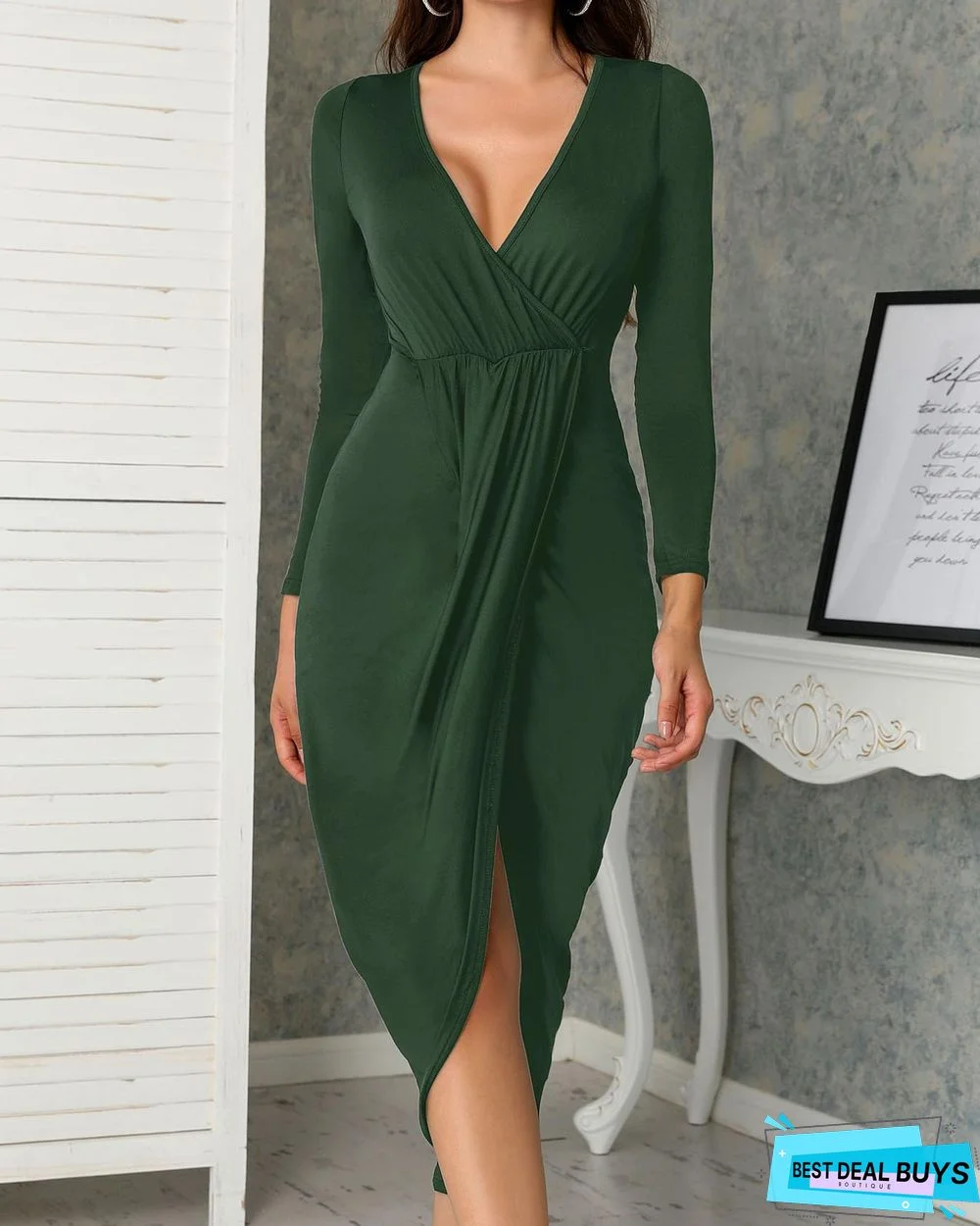 Deep V Ruched Tulip Hem Party Dress