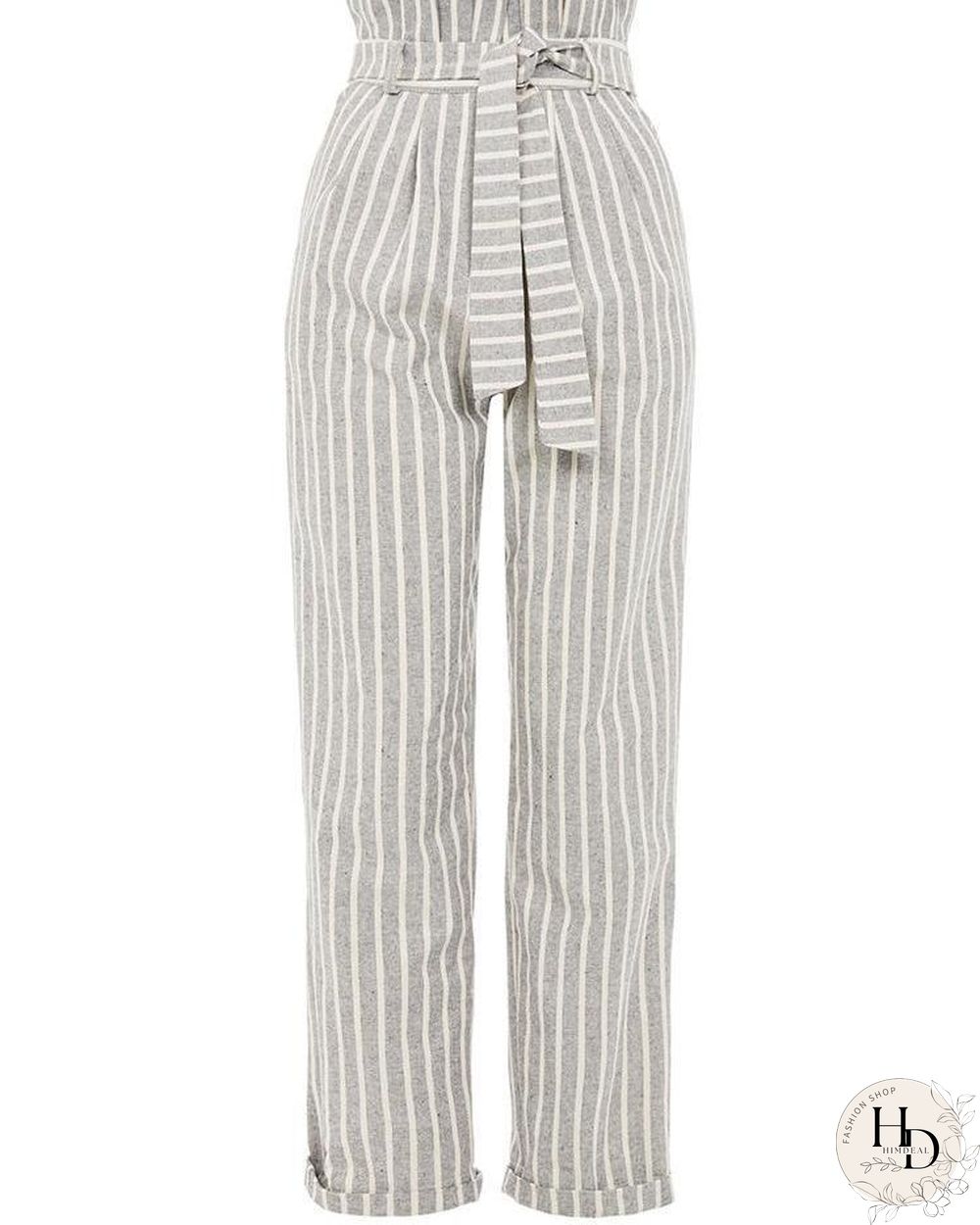 Striped Belted High Waist Roll Up Hem Pants P15550