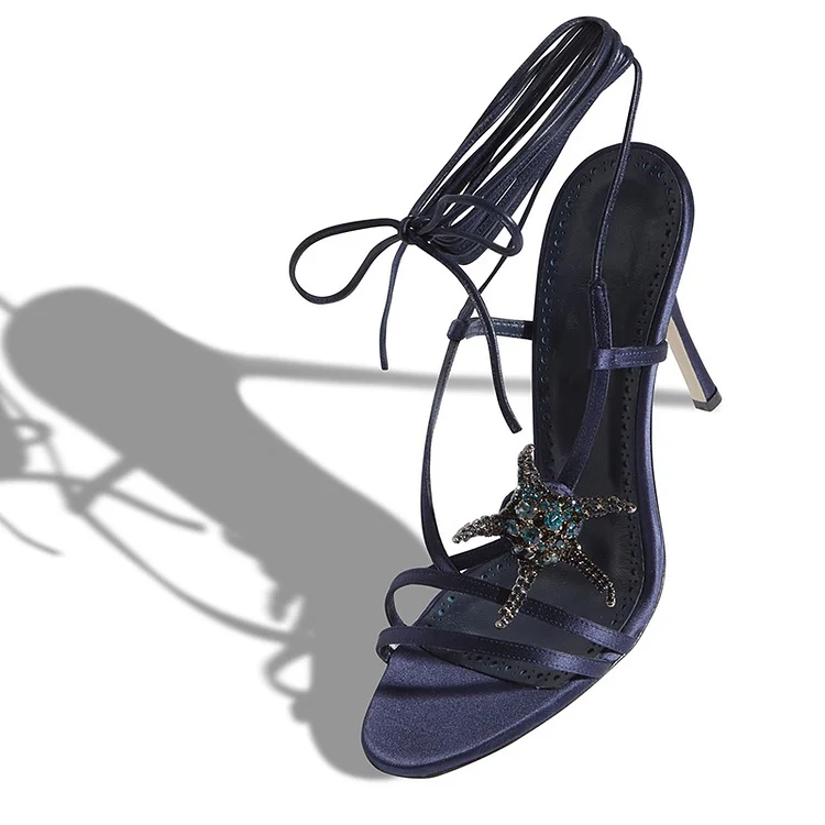 Navy Blue Heels Starfish Embellished Satin Strappy Sandals |FSJ Shoes
