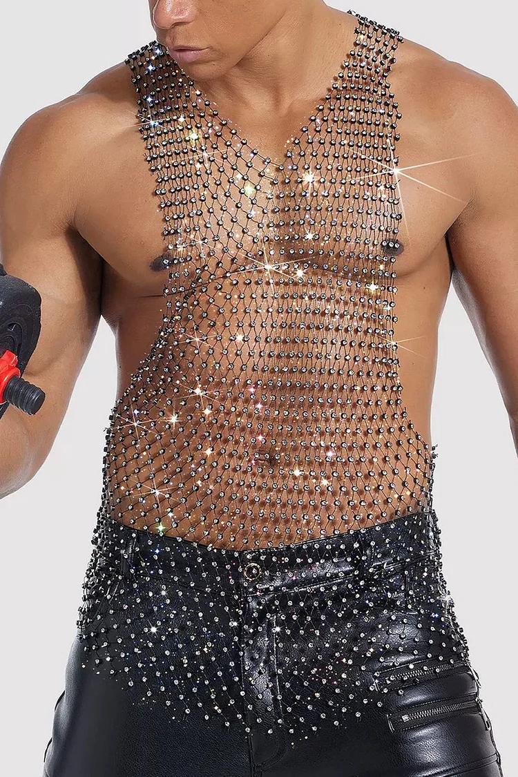 Men's Rhinestone Fishnet See Through Open Side Festival Tank Top