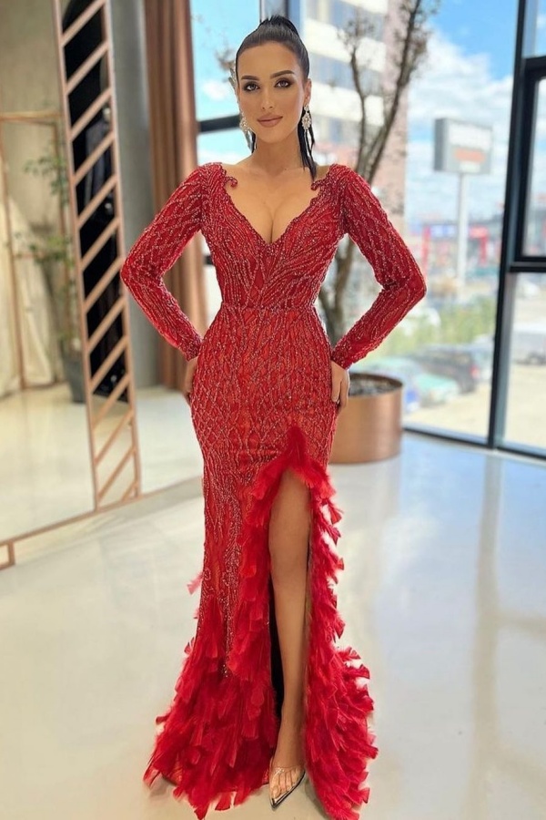 V-Neck Red Sequins Split Feathers Long Sleeves Prom Dress