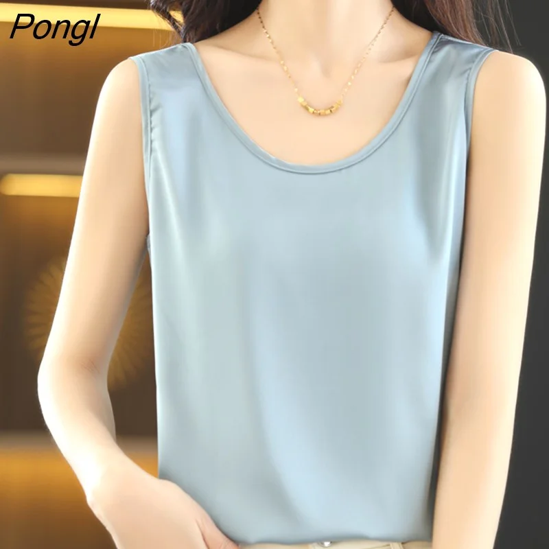 Pongl New Camisole Women's Inside With Silk Bottoming Satin Spring Summer Outer Vest Sleeveless Round Neck Silk All-Match Blouse