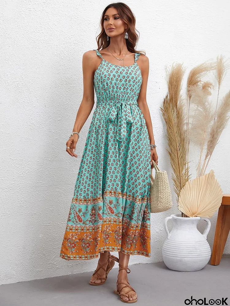 Bohemian Tie Waist Scoop Neck Dress