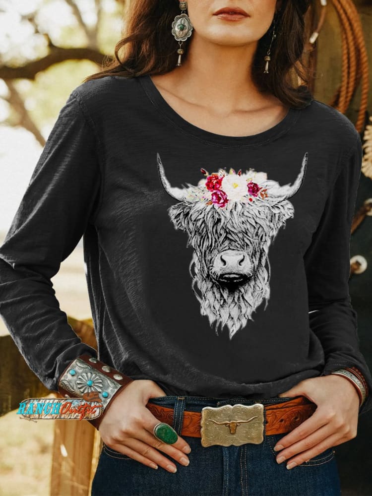 Flower Bull Head Women’s Wild West Print Casual T Shirt Black / S