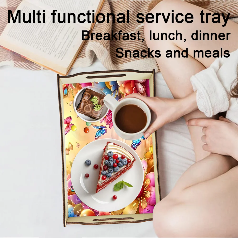 DIY Diamond Painted Dining Plate with Handle Wooden Food Tray Home Decor Gift