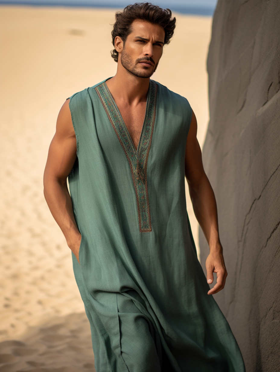 Men's Green Color Ethnic Sleeveless V-neck Linen Long Kaftan
