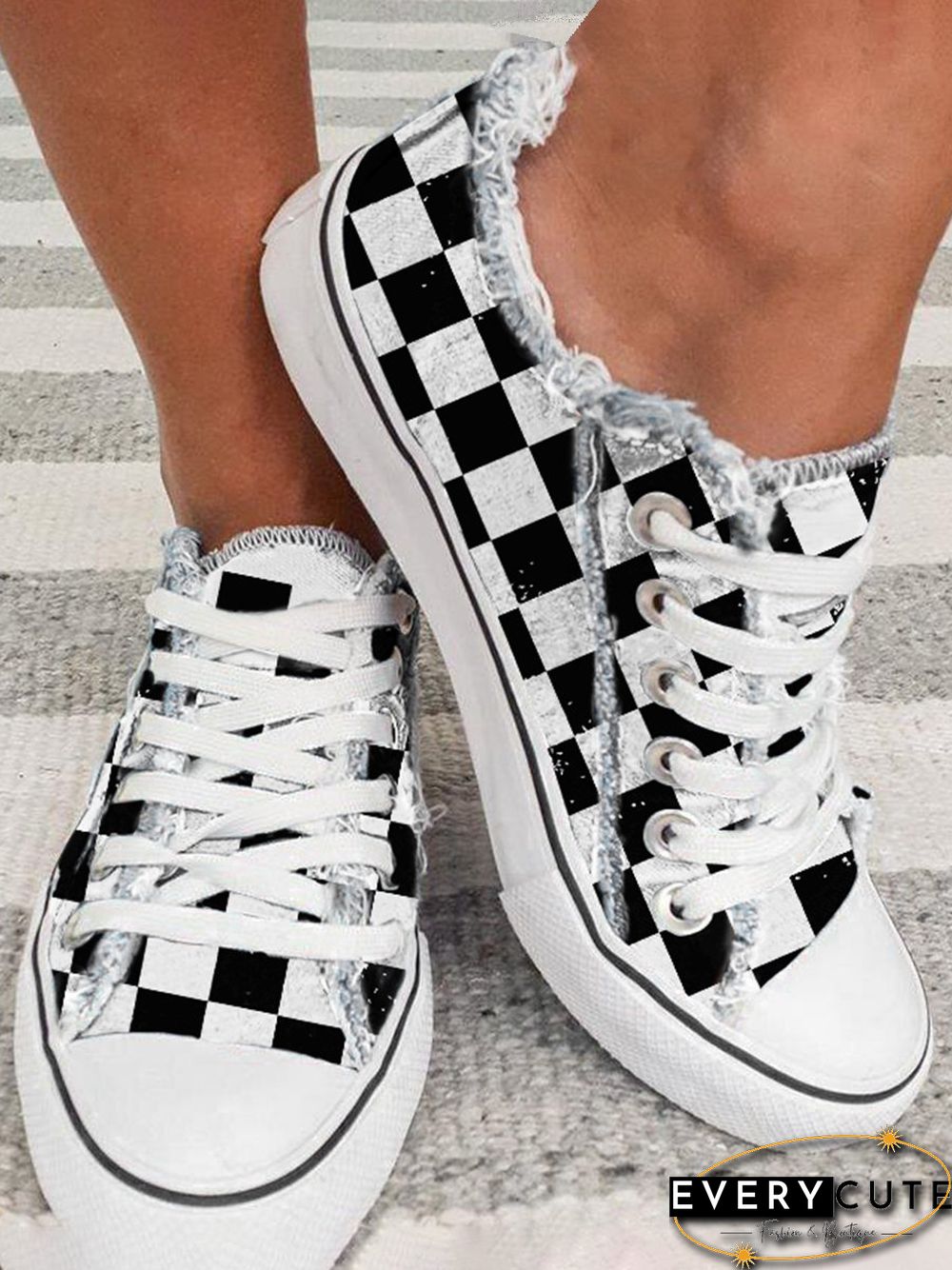 Black And White Checkerboard Graphic Distressed Canvas Flats