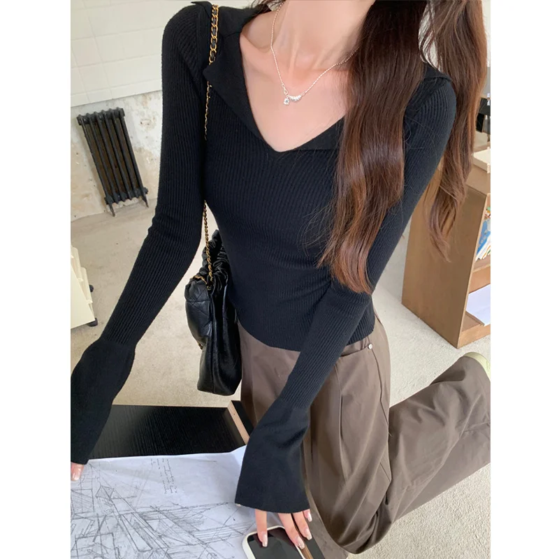 Toloer Design Thread Polo Lapel Knit Sweater Female Spring And Autumn Winter V Collar French Versatile Long-Sleeved Bottom Top-Outfit Ideas