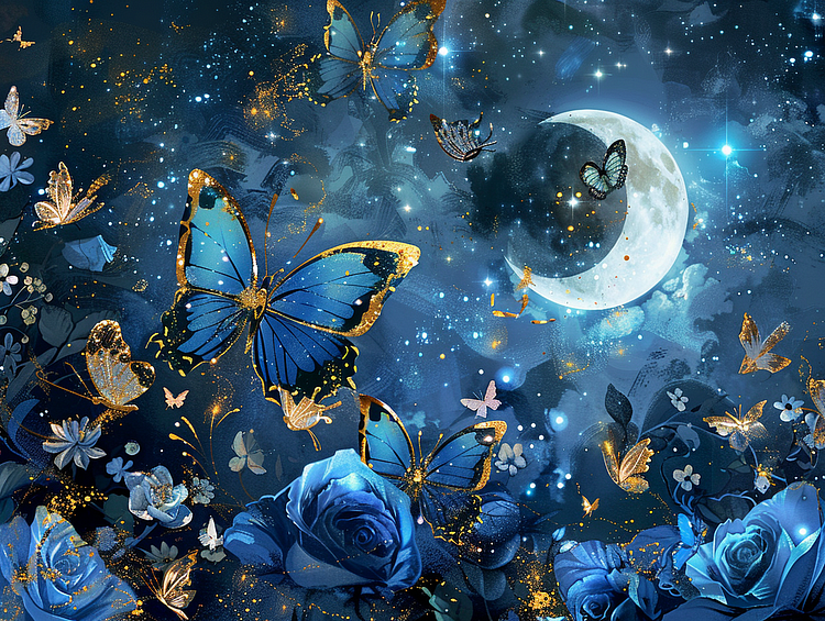 Blue Butterfly in Moon Night 70*50CM (Canvas)Full Round/AB Round Drill Diamond Painting gbfke