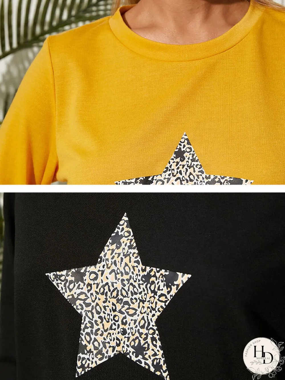 Stars Leopard Print Long Sleeve Crew Neck Sweatshirt Women