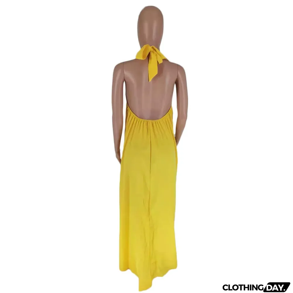 Summer Women's Sleeveless Halter Neck Sexy Low Back Solid Color Maxi Dress