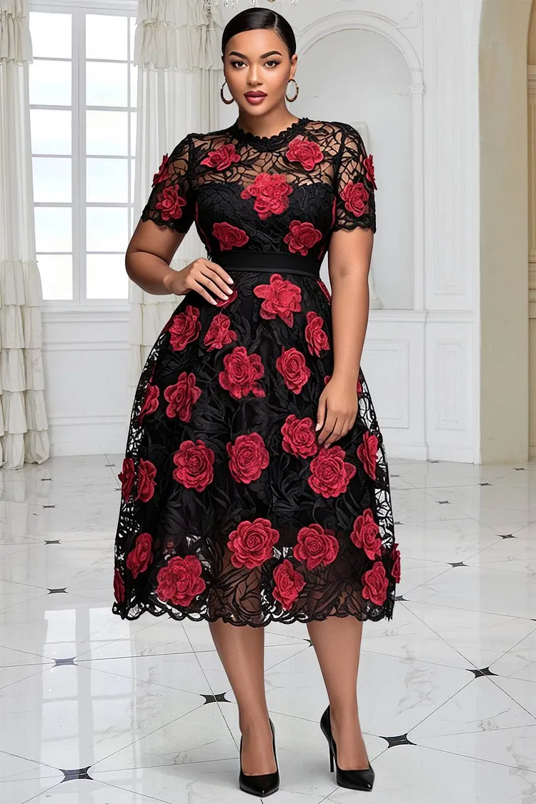 Xpluswear Design Plus Size Wedding Guest Black Round Neck Short Sleeve 3D Midi Dresses [Pre-Order] 2024 - Xpluswear