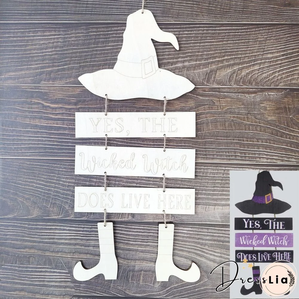 Unfinished Wooden Witch Hanging For Halloween Decoration