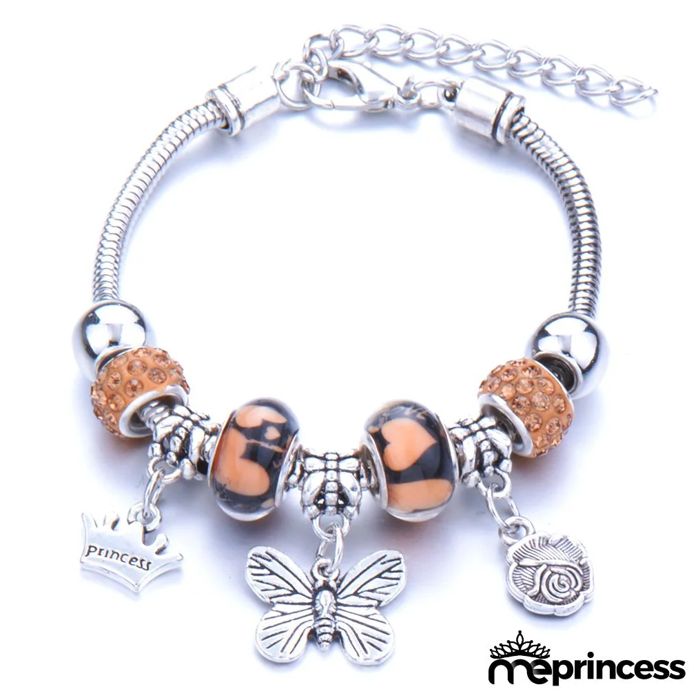 Women Fashion Rhinestone Butterfly Crown Pendant Beaded Bracelet