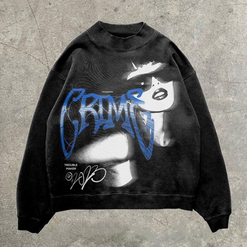 Personalized Trouble Maker Print Vintage Graphic Street Hip Hop Crewneck Sweatshirt