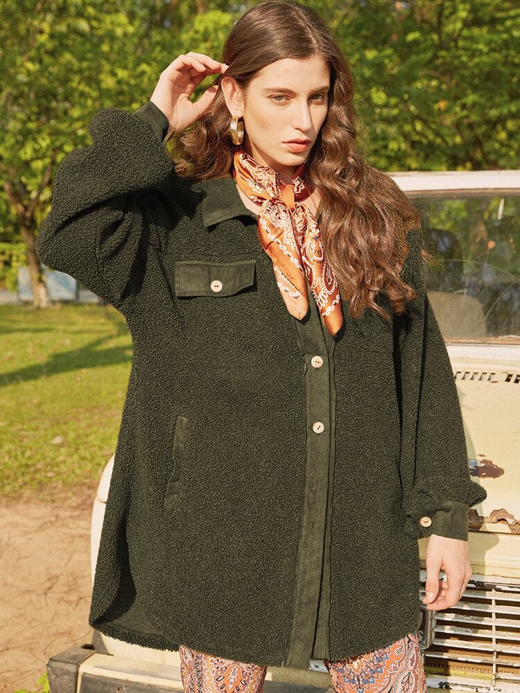 Fleece Patchwork Solid Color Hooded Long Sleeve Coat - Shop Trendy Women's Fashion | TeeYours