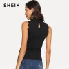 SHEIN Black Elegant Solid Button Scallop Trim Keyhole Back Stand Collar Tank Summer Women Sexy Casual Vest