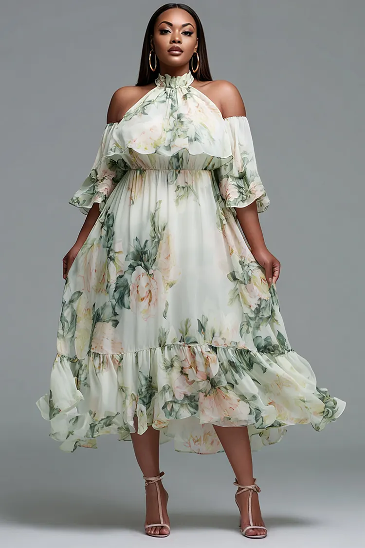 Xpluswear Design Plus Size Cocktail Party Sage Green Floral Halter Collar Cold Shoulder Short Sleeve Ruffle Cut Out Chiffon Midi Dresses [Pre-Order] 2024 - Xpluswear