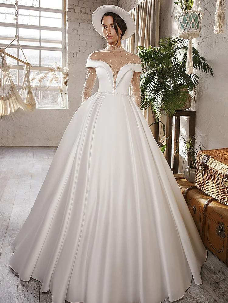 High Neck Pearls Ball Gown Wedding Dress Tulle Long Sleeve Bridal Gowns