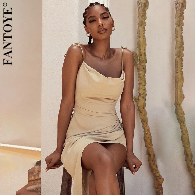 FANTOYE Sexy Khaki Spaghetti Strap Asymmetry Dress Women Slash Neck Backless Slim Midi Dresses Fashion New Ruched Party Vestidos