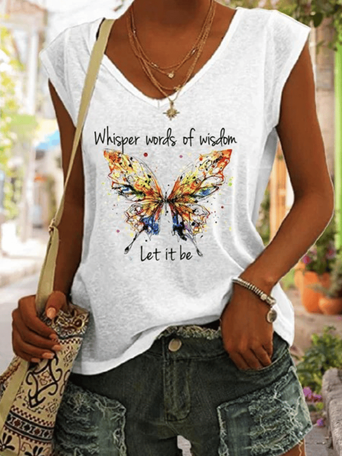 Women's Whisper Words Of Wisdom Let It Be Butterfly Print V-neck Tee