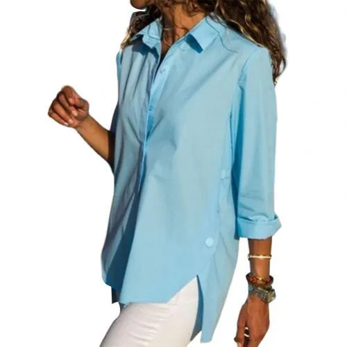 Women Casual Turn Down Collar High-low Hem Side Buttons Decor Plus Size Shirt suitable for travel daily Loose style plus size