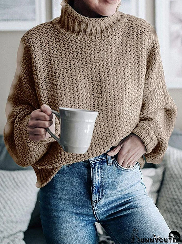 Casual Long Sleeves Solid Color High-Neck Sweater Tops