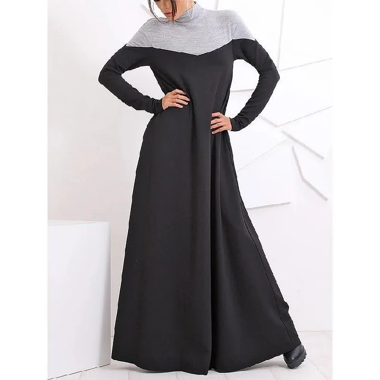 Retro Color Blocking High Collar Long Sleeve Knitted Maxi Dress - yankia