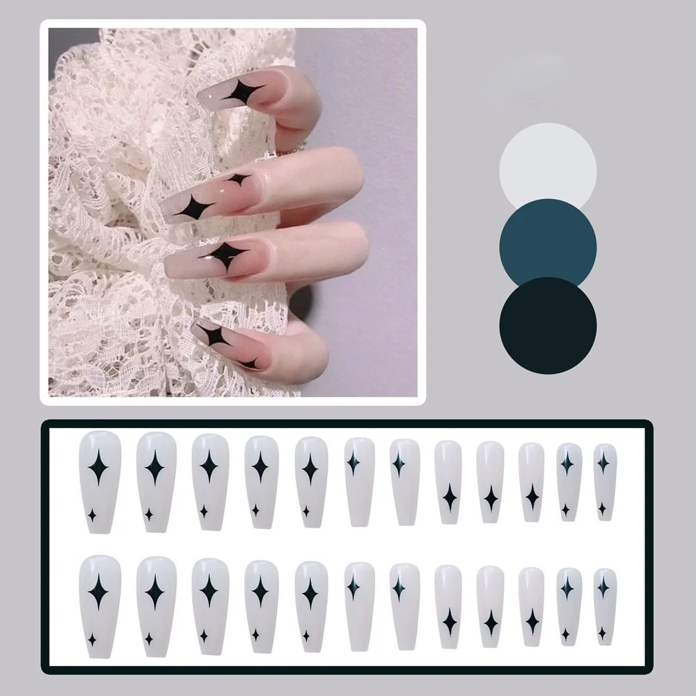 24pcs/Box Detachable Marble Long Coffin False Nails Wearable Ballerina Acrylic Fake Nails Full Cover Nail Tips Press On Nails