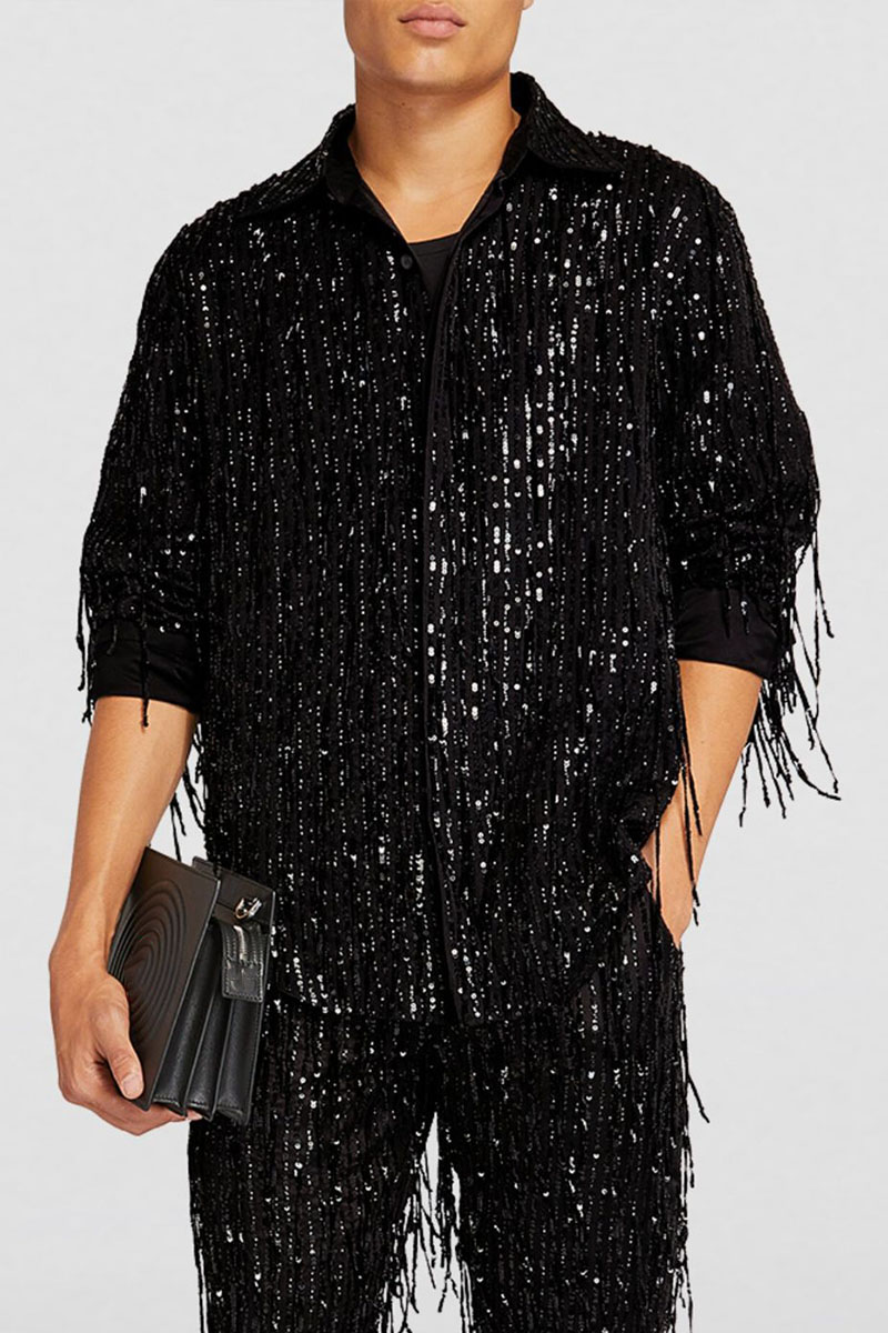 Ciciful Sequin Fringe Turndown Collar Long Sleeve Loose Fit Shirt